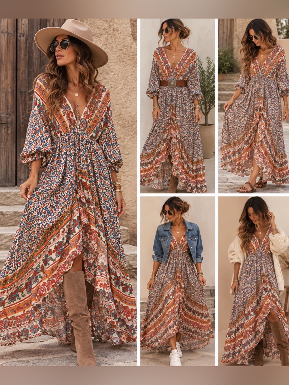 Umgee Boho Maxi Dress in Cream, Orange and Teal